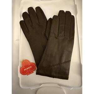 VTG Perrin Dark Brown Leather Wool Cotton Lined Gloves 7.5